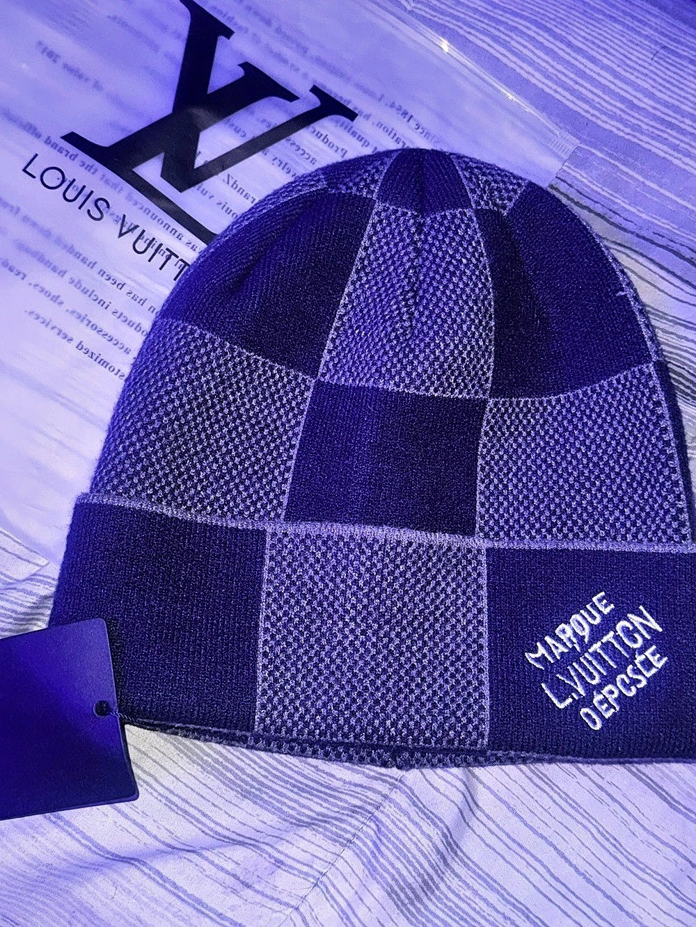 Louis Vuitton Jacquard Damier Beanie Checkered Blue & Gray NWT